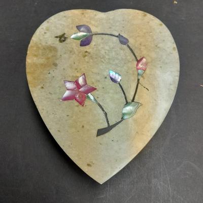 Stone heart trinket box with inlayed design, Wood corner shelf and vintage Angel collection