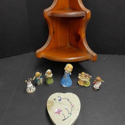 Stone heart trinket box with inlayed design, Wood corner shelf and vintage Angel collection