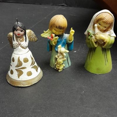 Stone heart trinket box with inlayed design, Wood corner shelf and vintage Angel collection