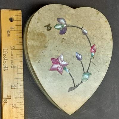 Stone heart trinket box with inlayed design, Wood corner shelf and vintage Angel collection