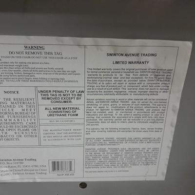 Six foot Long narrow folding buffet table with 4 metal chairs with cushions