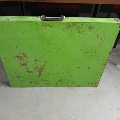 Metal folding camping table with camping supplies