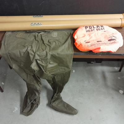 Fishing waders, Polar seat and Two Cabela's fishing rod tubes