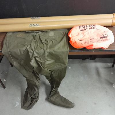 Fishing waders, Polar seat and Two Cabela's fishing rod tubes