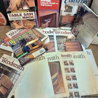 Hardback wood working books, and Woodsmith magazine back issues.