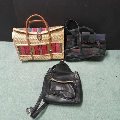 Rattan wicker bag and two purses. Genuine leather