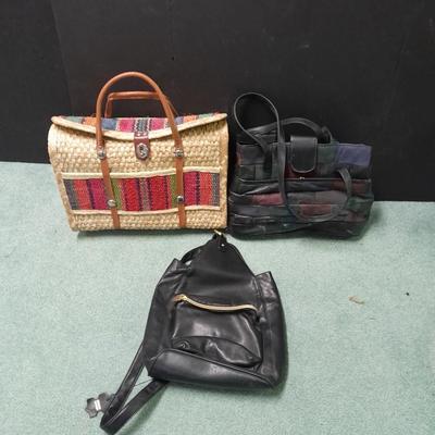 Rattan wicker bag and two purses. Genuine leather