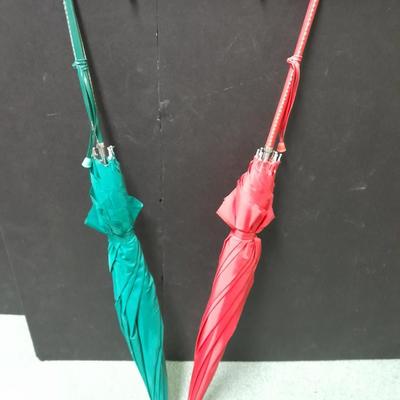 Vintage His and Her's rain Umbrella's With Laced Leather Crook Handles