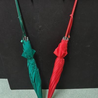 Vintage His and Her's rain Umbrella's With Laced Leather Crook Handles