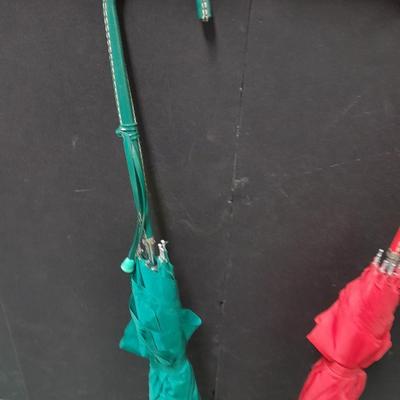 Vintage His and Her's rain Umbrella's With Laced Leather Crook Handles