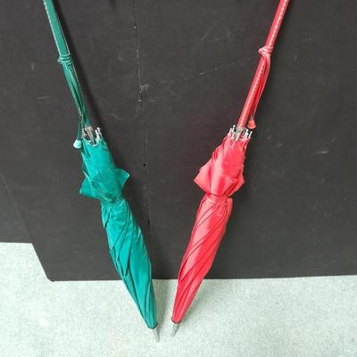 Vintage His and Her's rain Umbrella's With Laced Leather Crook Handles