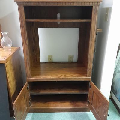 TV cabinet with Cross stitch Pheasent picture, wooden goose and candle sconce