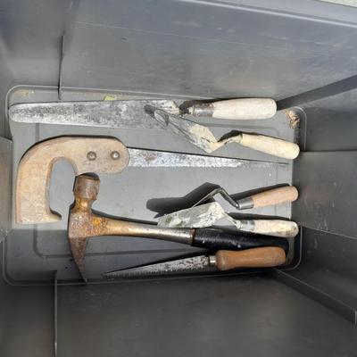 Craftsman multi-level step stool toolbox with wooden handled trowels and tools