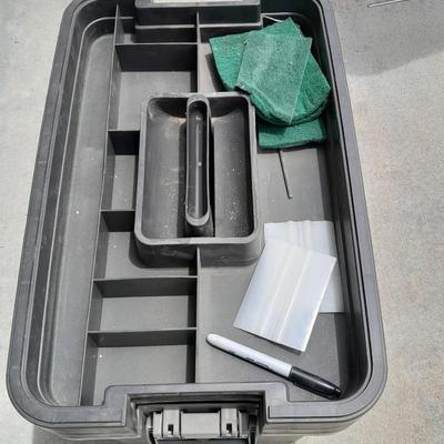 Craftsman multi-level step stool toolbox with wooden handled trowels and tools