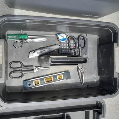 Craftsman multi-level step stool toolbox with wooden handled trowels and tools