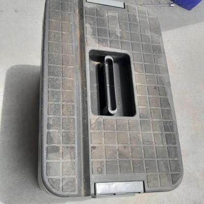 Craftsman multi-level step stool toolbox with wooden handled trowels and tools