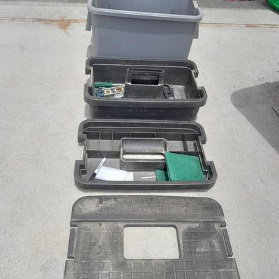 Craftsman multi-level step stool toolbox with wooden handled trowels and tools