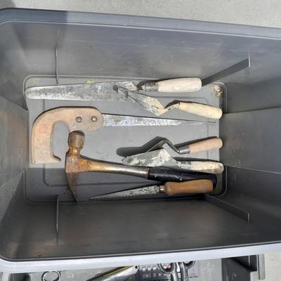 Craftsman multi-level step stool toolbox with wooden handled trowels and tools