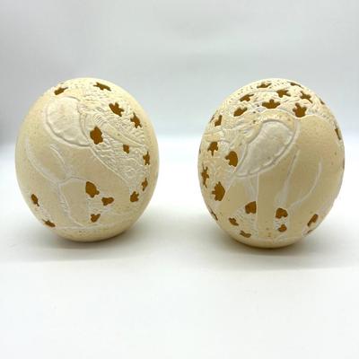 1987 Carved & Signed  Ostrich Eggs Elephants