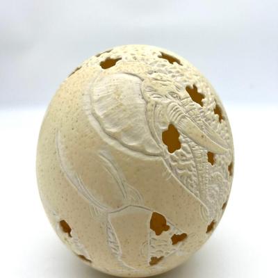 1987 Carved & Signed  Ostrich Eggs Elephants