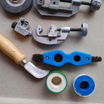 Plumbing tools, Pipe cutters, chalk line, and more