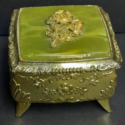 Gold tone jewelry box with rose on lid and vintage hat pins