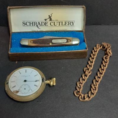 Copper chain bracelet, Old Timer Schrade Pocket knife and Vintage Elgin Pocket watch