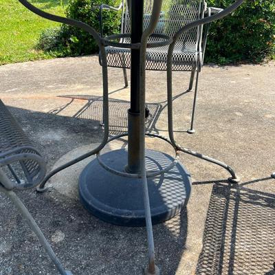 Wrought Iron Table, 3 Chairs & Umbrella