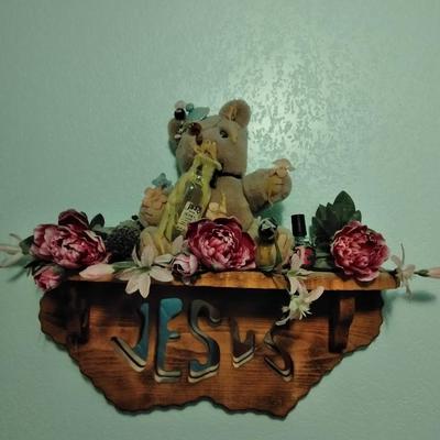 Mirrored Jesus shelf with Honey pot bear, and Garden Faux flower wall hanging
