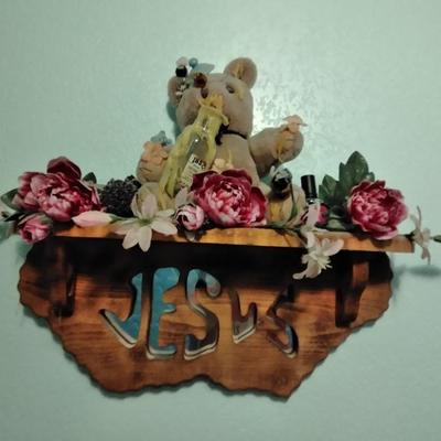 Mirrored Jesus shelf with Honey pot bear, and Garden Faux flower wall hanging