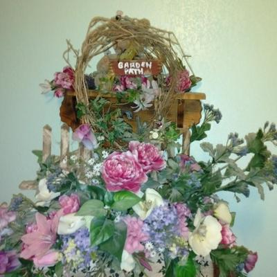 Mirrored Jesus shelf with Honey pot bear, and Garden Faux flower wall hanging
