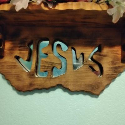 Mirrored Jesus shelf with Honey pot bear, and Garden Faux flower wall hanging