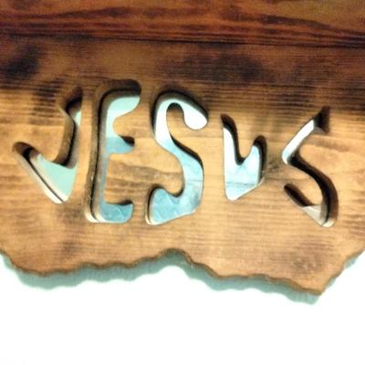 Mirrored Jesus shelf with Honey pot bear, and Garden Faux flower wall hanging