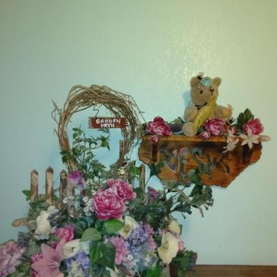 Mirrored Jesus shelf with Honey pot bear, and Garden Faux flower wall hanging