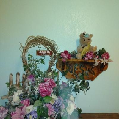 Mirrored Jesus shelf with Honey pot bear, and Garden Faux flower wall hanging