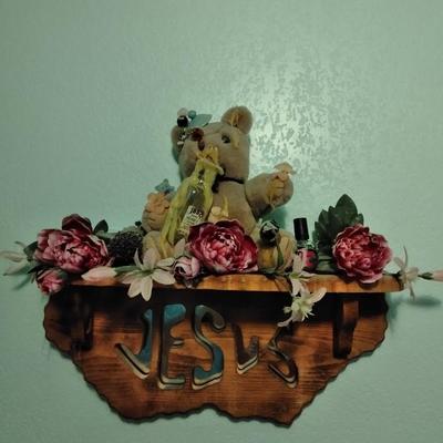 Mirrored Jesus shelf with Honey pot bear, and Garden Faux flower wall hanging