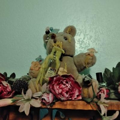 Mirrored Jesus shelf with Honey pot bear, and Garden Faux flower wall hanging
