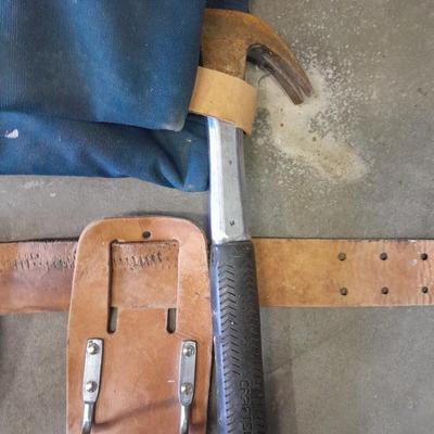Canvas tool belt and Leather tool belt with saw, hammer, and claw