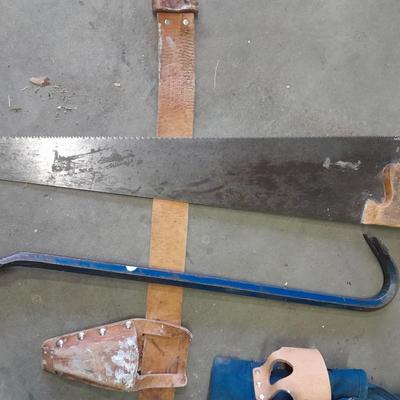 Canvas tool belt and Leather tool belt with saw, hammer, and claw