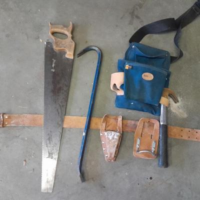 Canvas tool belt and Leather tool belt with saw, hammer, and claw