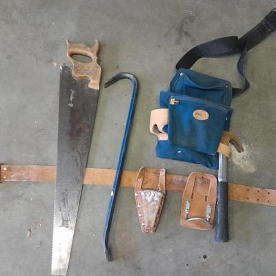 Canvas tool belt and Leather tool belt with saw, hammer, and claw