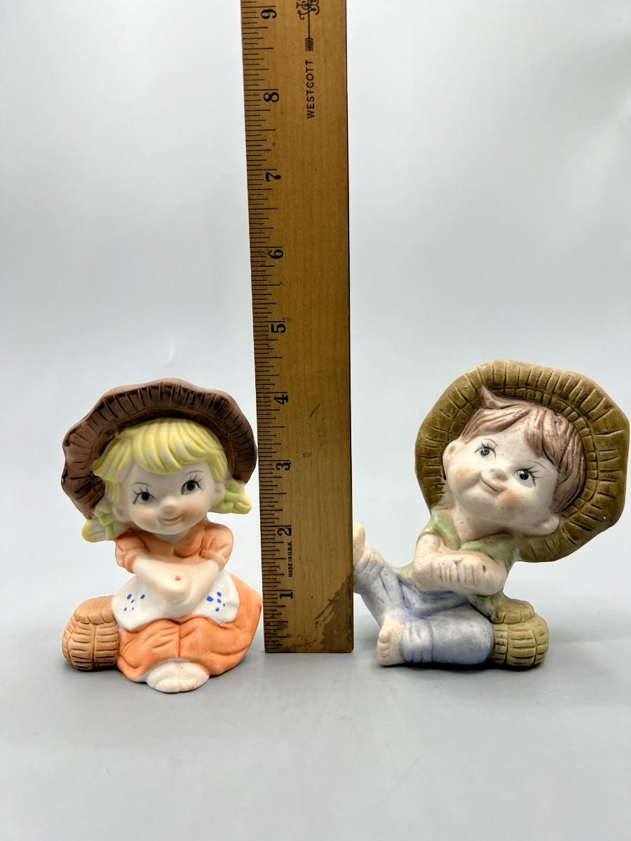 Vintage Cute Ceramic Little Country Boy & Girl Fishing Figurines