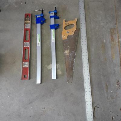 Aluminum bar Clamps, hand saw, level and metal T
