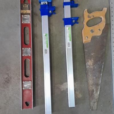Aluminum bar Clamps, hand saw, level and metal T