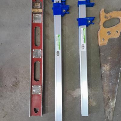 Aluminum bar Clamps, hand saw, level and metal T
