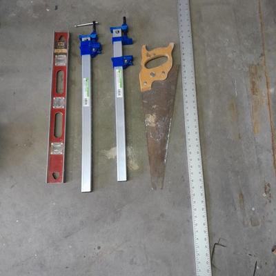 Aluminum bar Clamps, hand saw, level and metal T