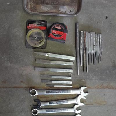 All Craftsman tools, magnetic holder, tape measure, wrenches, chisels and taps