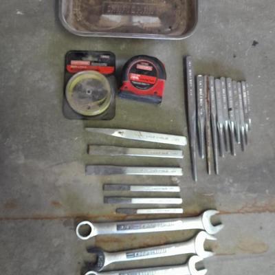 All Craftsman tools, magnetic holder, tape measure, wrenches, chisels and taps