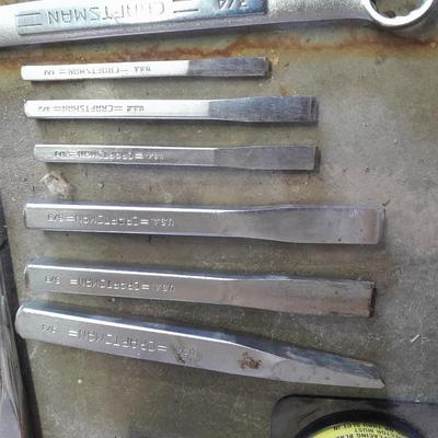 All Craftsman tools, magnetic holder, tape measure, wrenches, chisels and taps