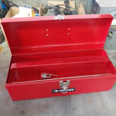 Husky toolbox with tray and a grouping of hand tools